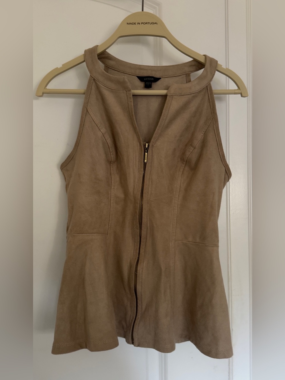 GUESS Taupe Suede Sleeveless Zip-Front Vest